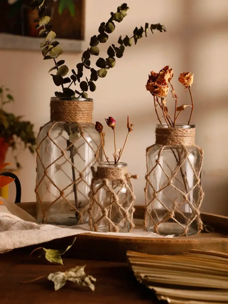 Rustic hanging glass vase with hemp rope twine netting – living room