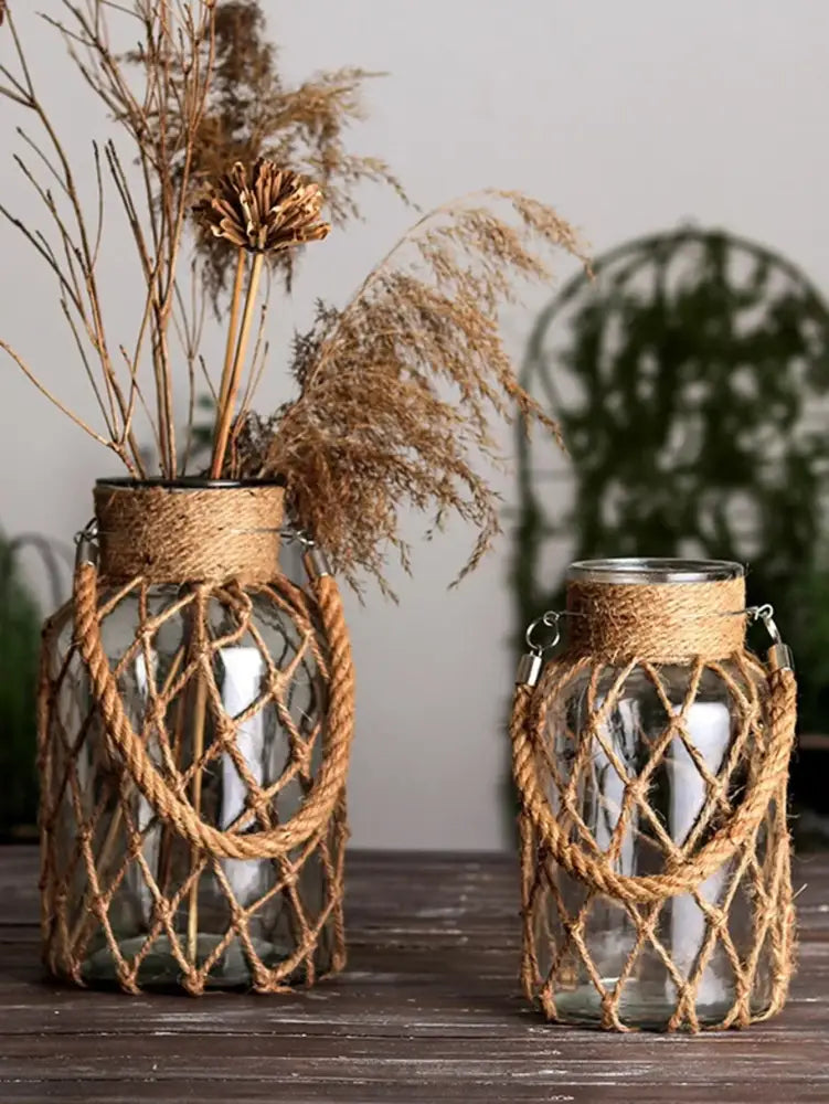 Rustic hanging glass vase with hemp rope twine netting – living room