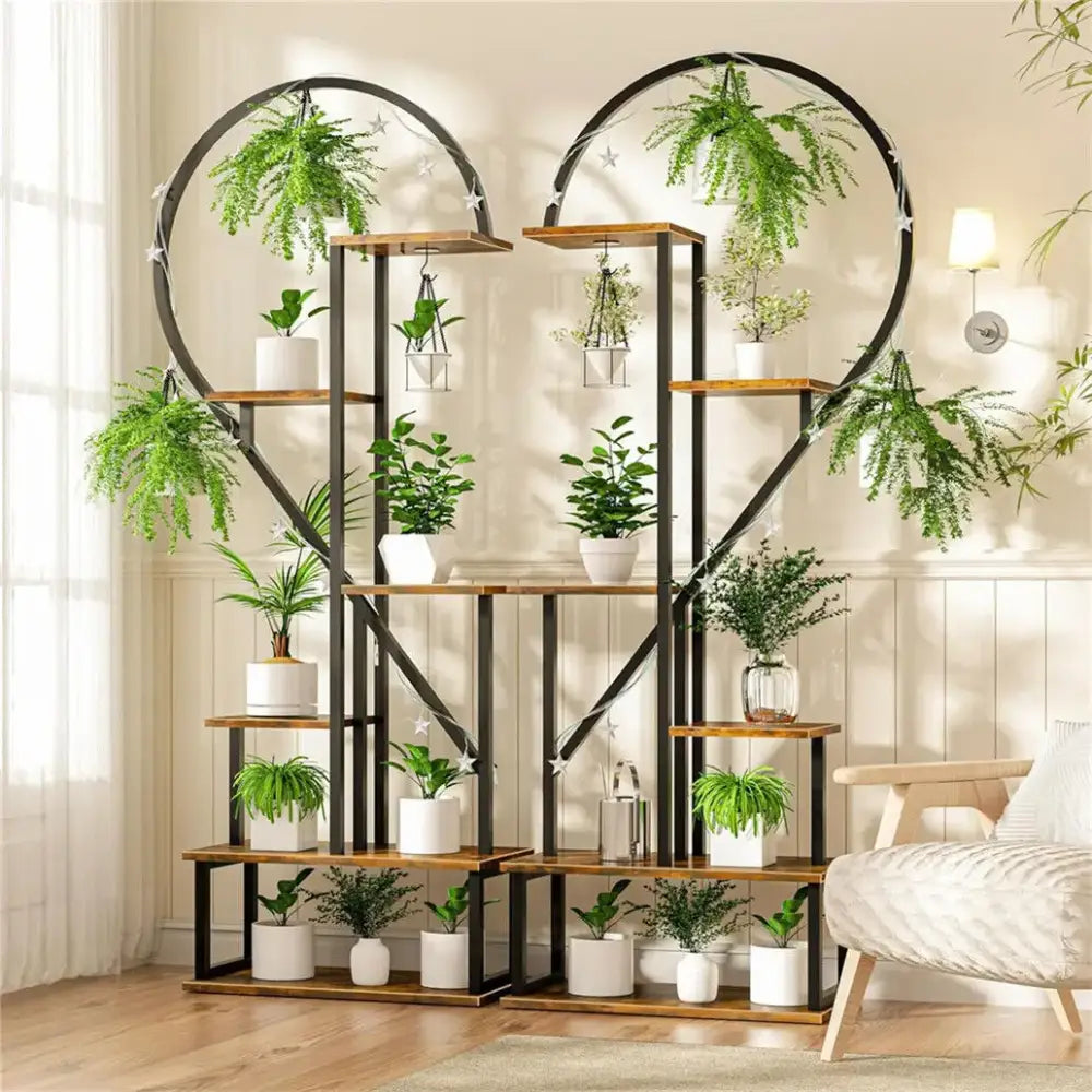 Heart shape wood and metal plant stand for living room 20 pots