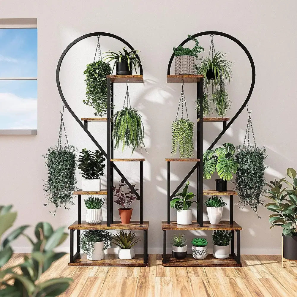 Heart shaped wood and metal plant stand with lights for living room