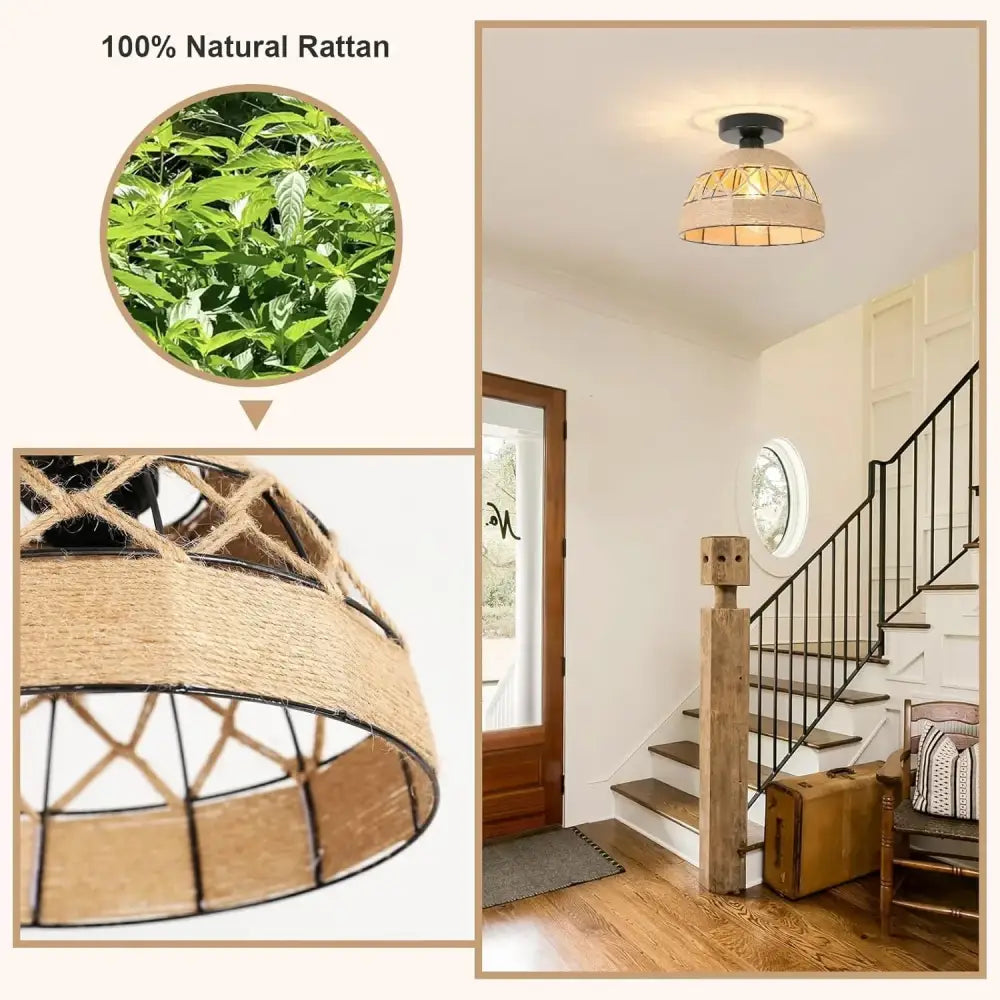 Boho jute woven hemp rope ceiling light for living room dome shade