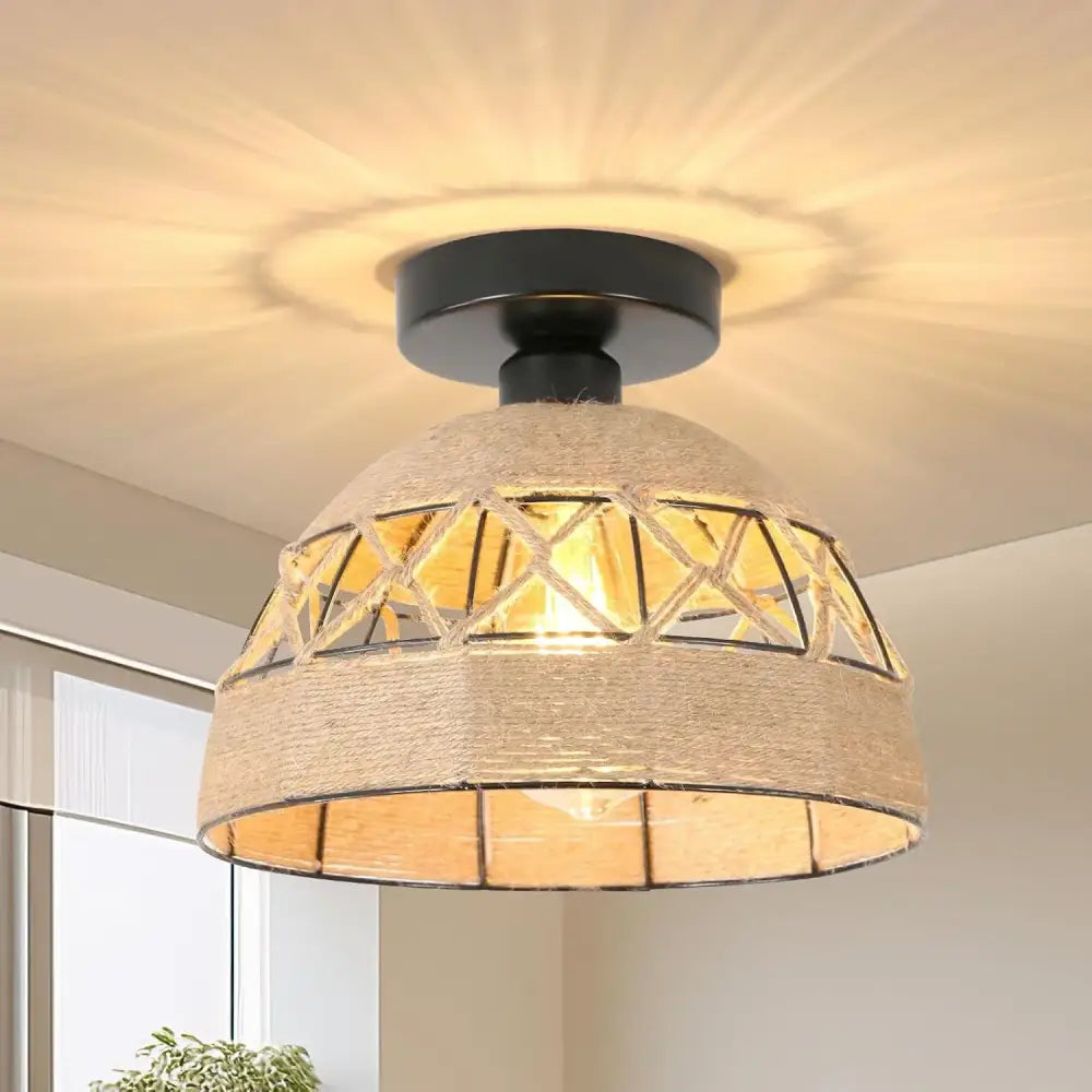 Boho jute woven hemp rope ceiling light for living room dome shade