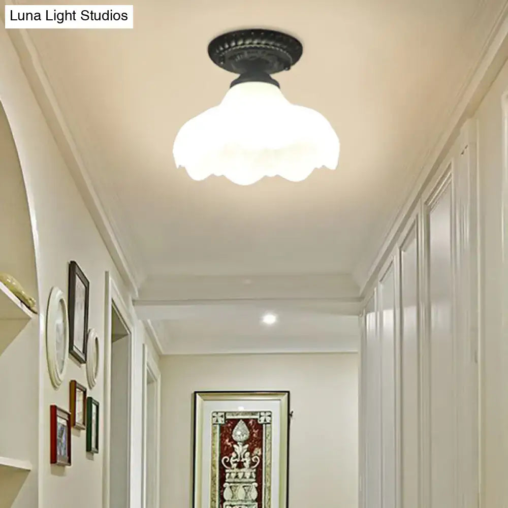 Industrial black and white semi flush ceiling light – gallery milky glass