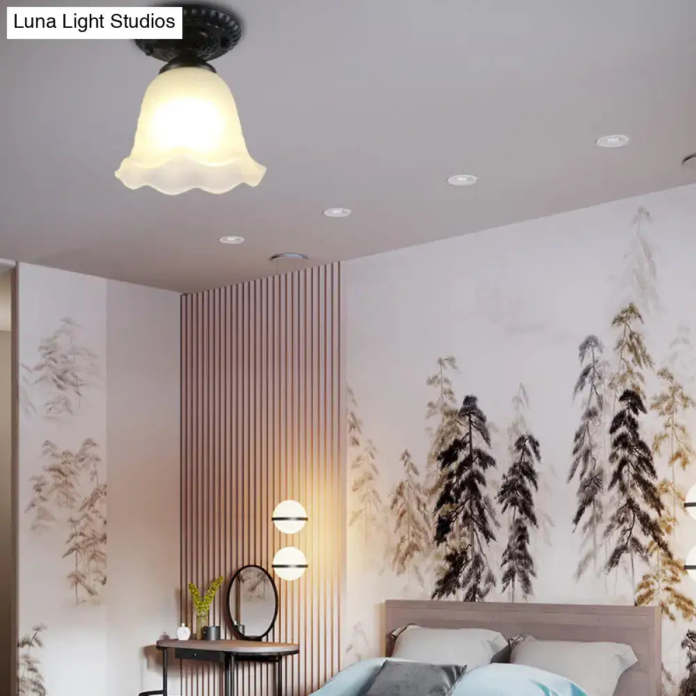 Industrial black and white semi flush ceiling light – gallery milky glass