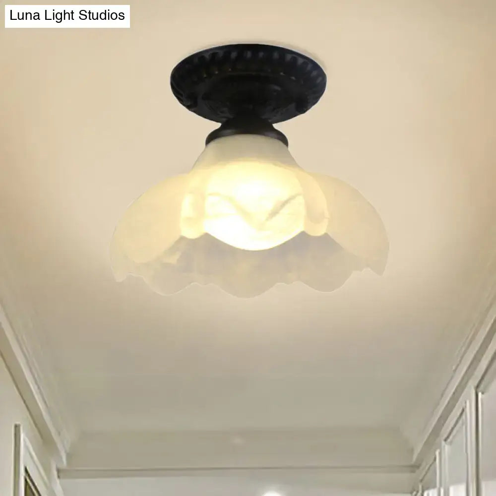 Industrial black and white semi flush ceiling light – gallery milky glass
