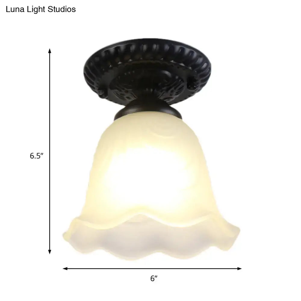 Industrial black and white semi flush ceiling light – gallery milky glass