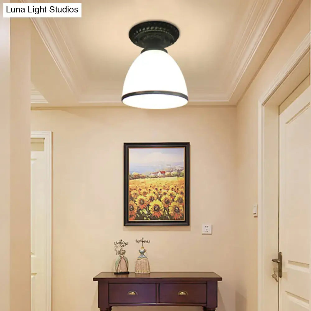 Industrial black and white semi flush ceiling light – gallery milky glass