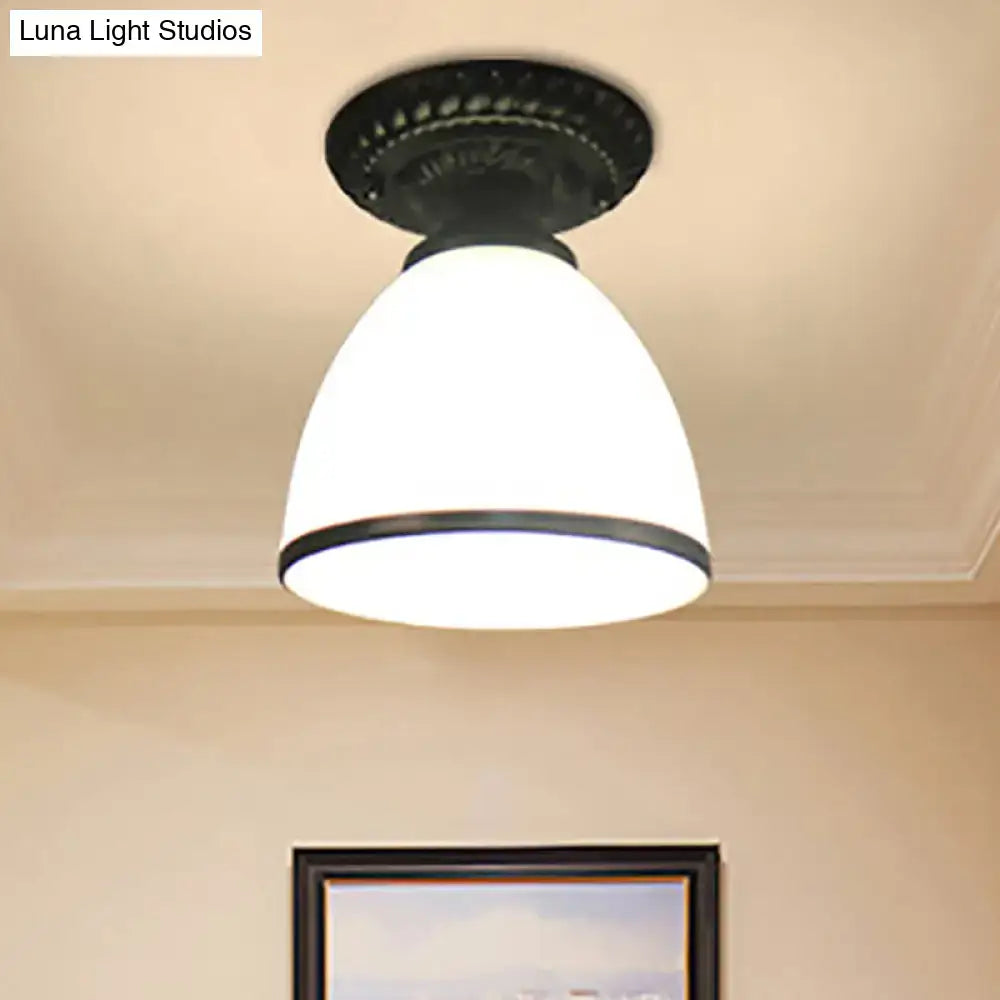 Industrial black and white semi flush ceiling light – gallery milky glass