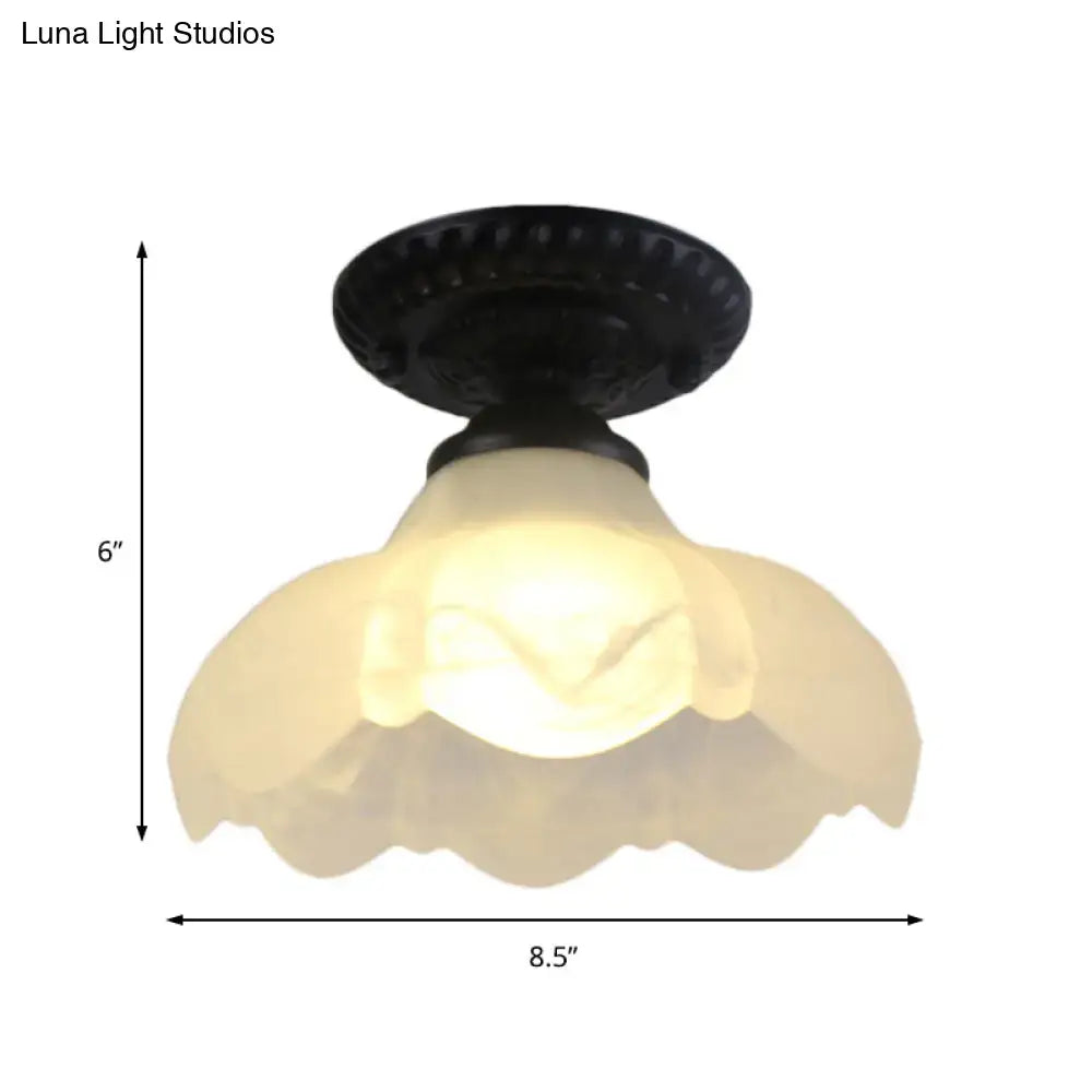 Industrial black and white semi flush ceiling light – gallery milky glass