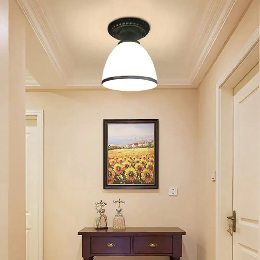 Industrial black and white semi flush ceiling light – gallery milky glass