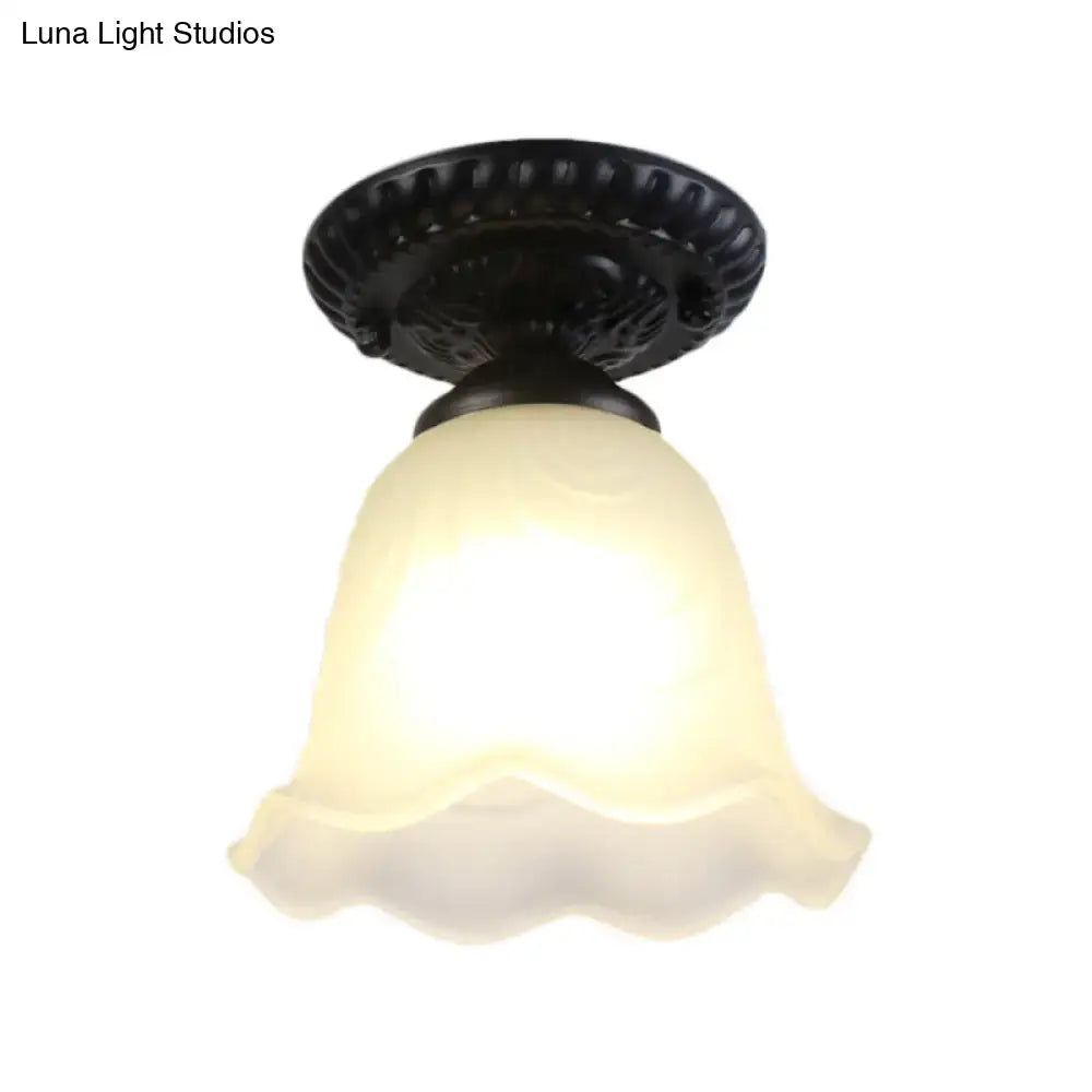 Industrial black and white semi flush ceiling light – gallery milky glass
