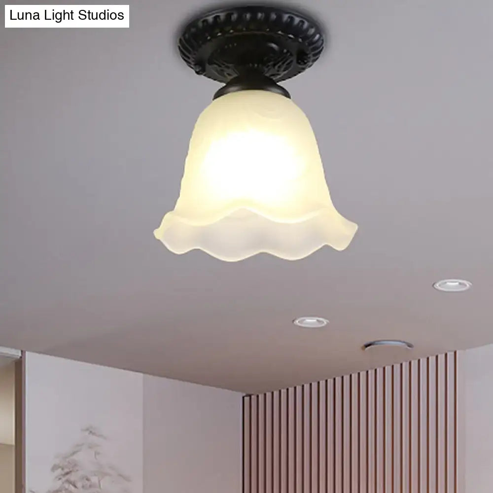 Industrial black and white semi flush ceiling light – gallery milky glass