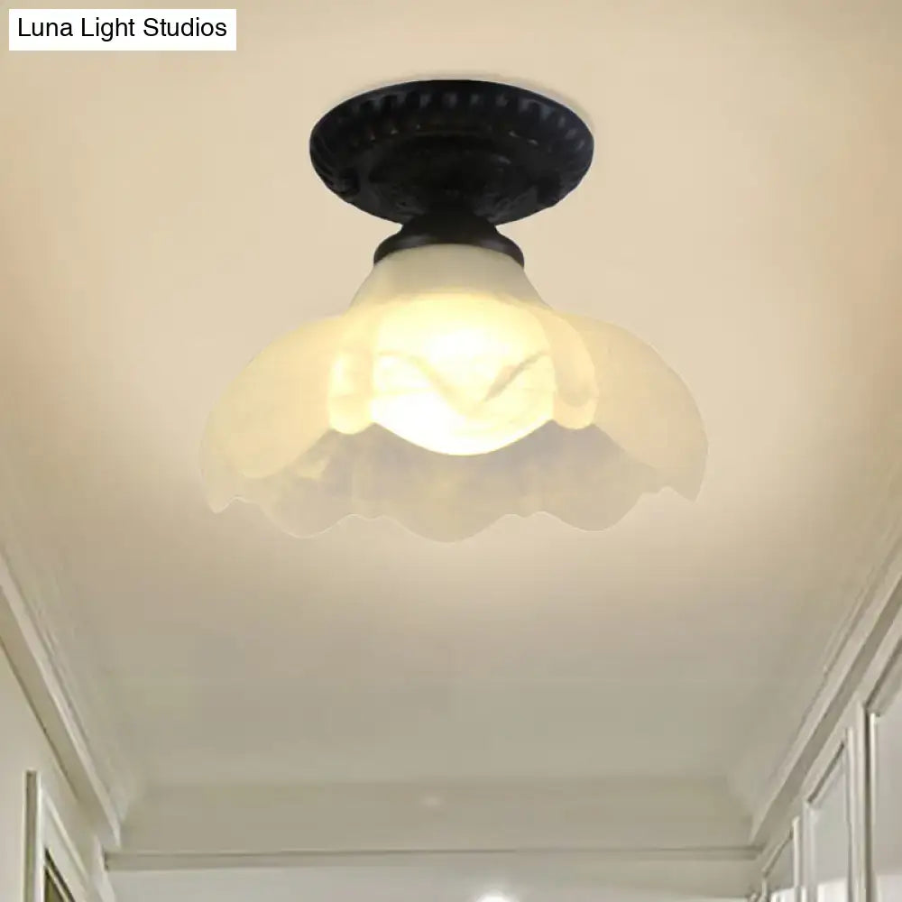Industrial black and white semi flush ceiling light – gallery milky glass