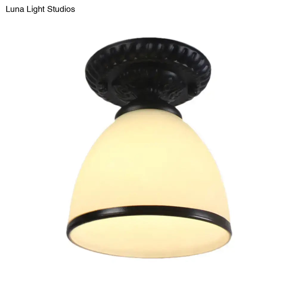 Industrial black and white semi flush ceiling light – gallery milky glass
