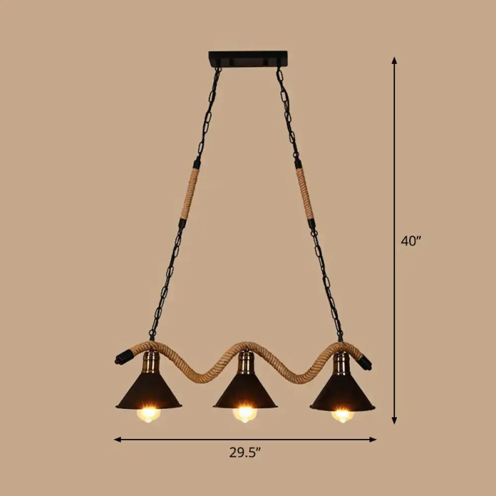 Industrial matte black 3 light pendant with twisted rope kitchen light