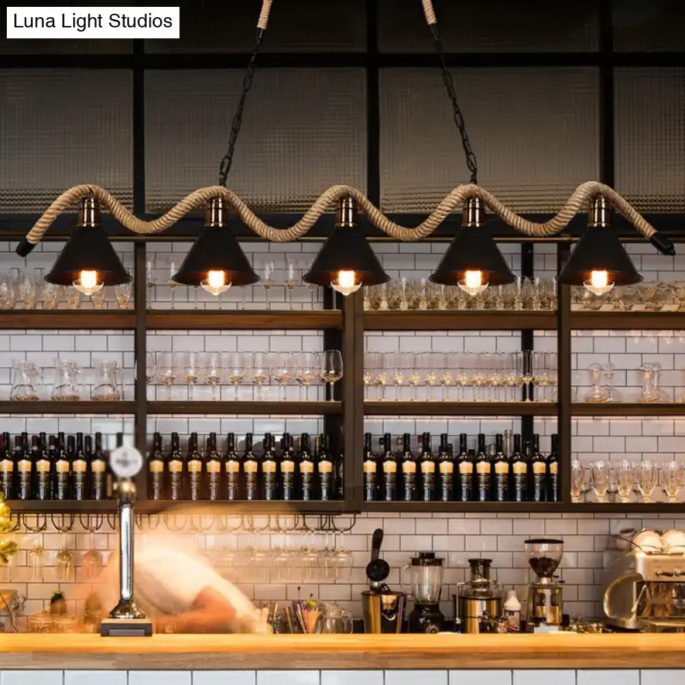 Industrial matte black 3 light pendant with twisted rope kitchen light