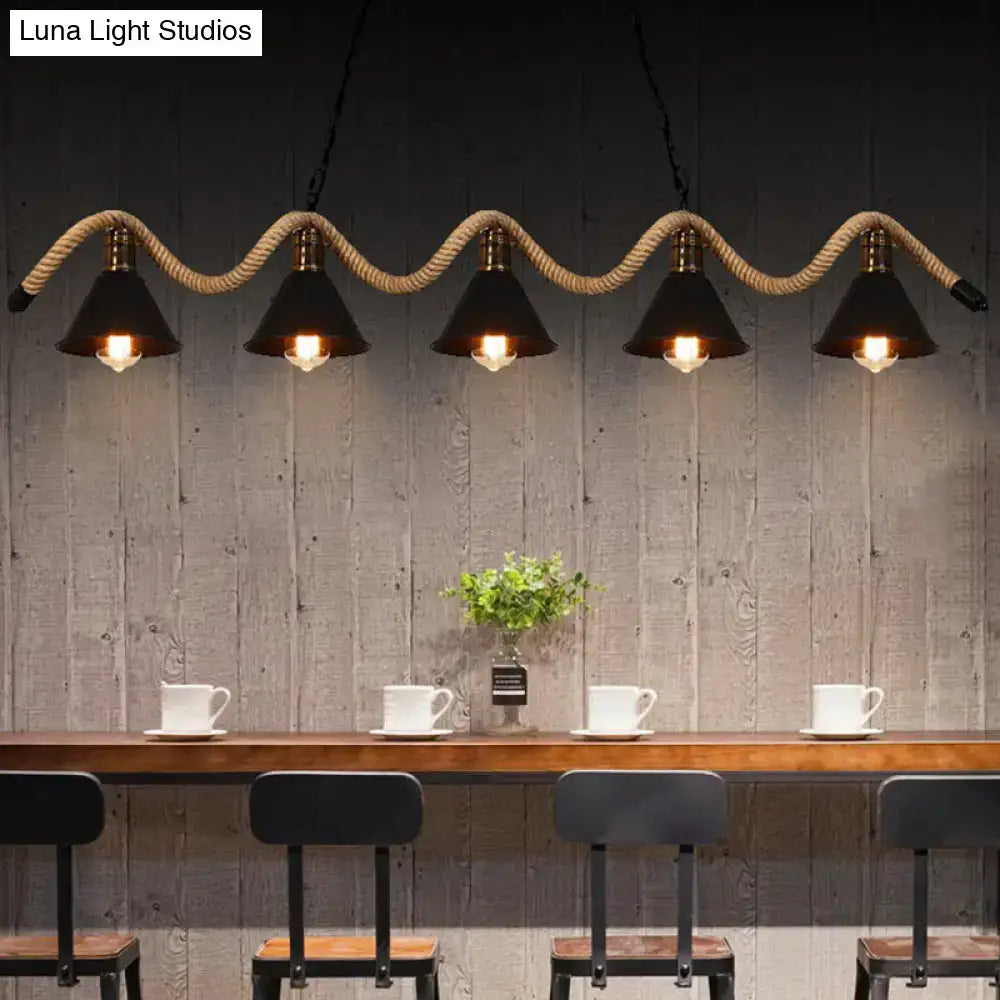 Industrial matte black 3 light pendant with twisted rope kitchen light