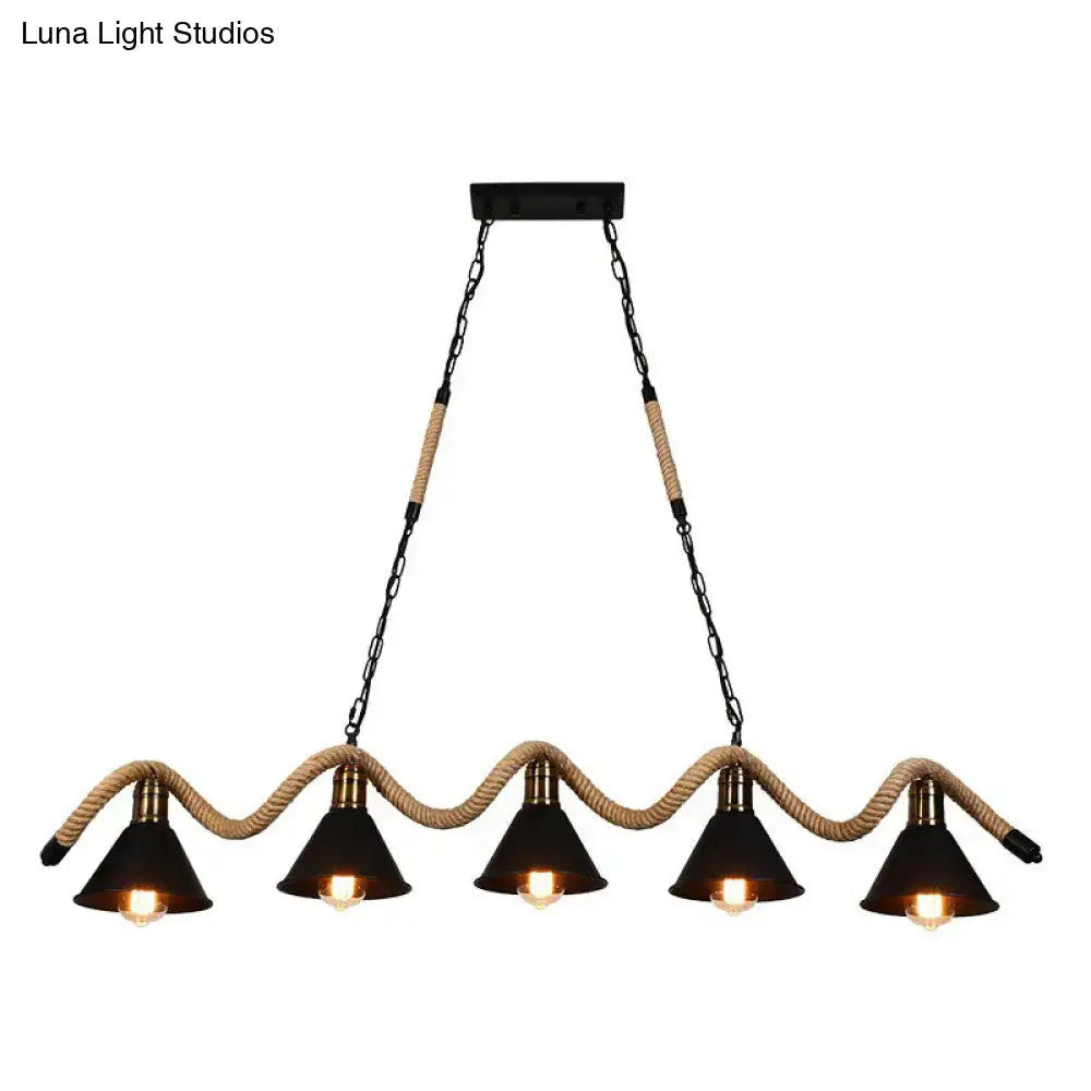 Industrial matte black 3 light pendant with twisted rope kitchen light