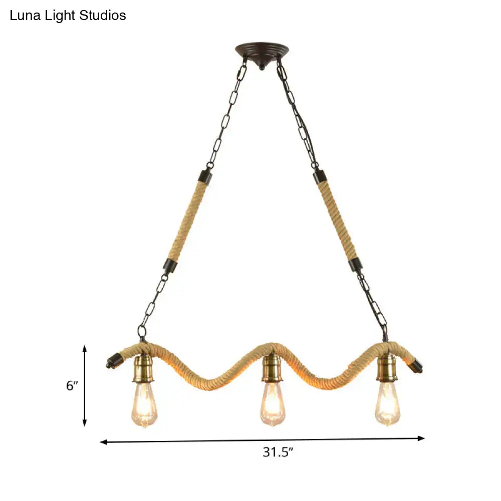 Rustic beige rope 3 light kitchen pendant with exposed bulbs 110v 120v