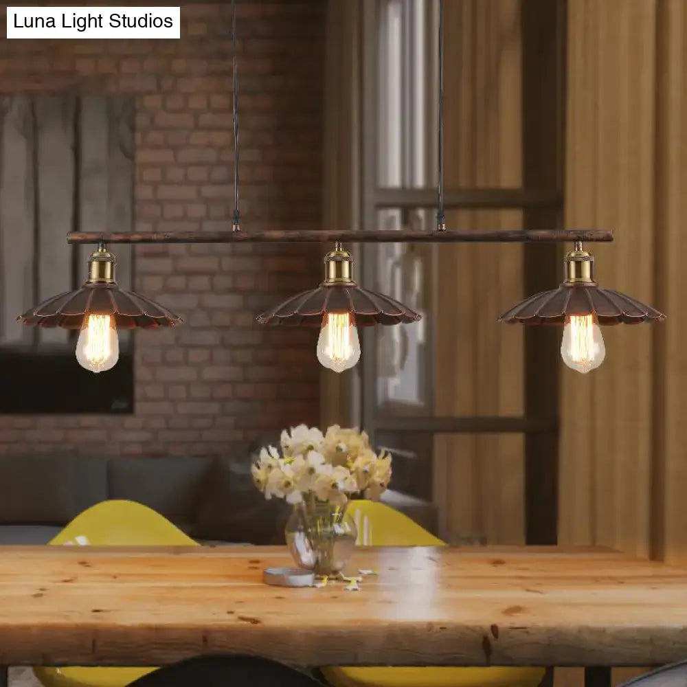 Industrial brass scalloped suspended lighting fixture kitchen bistro