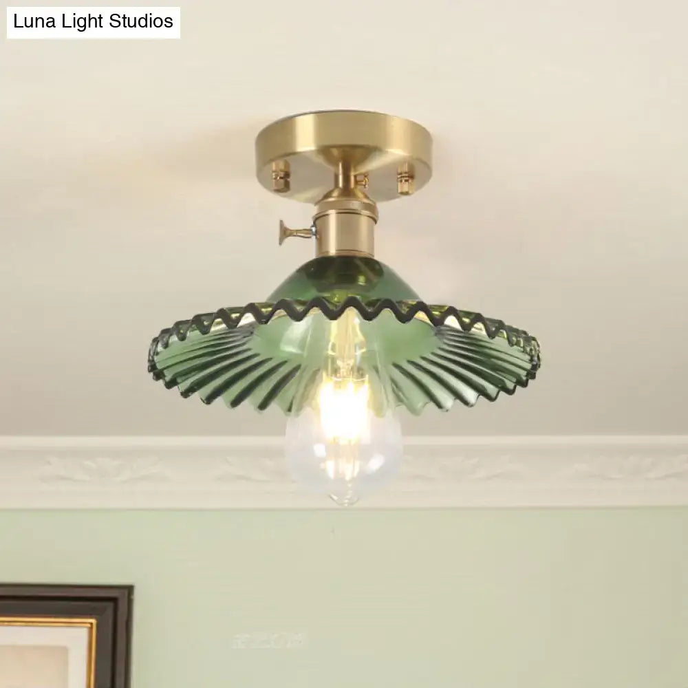 Industrial brass scalloped ribbed glass ceiling light bedroom flush mount