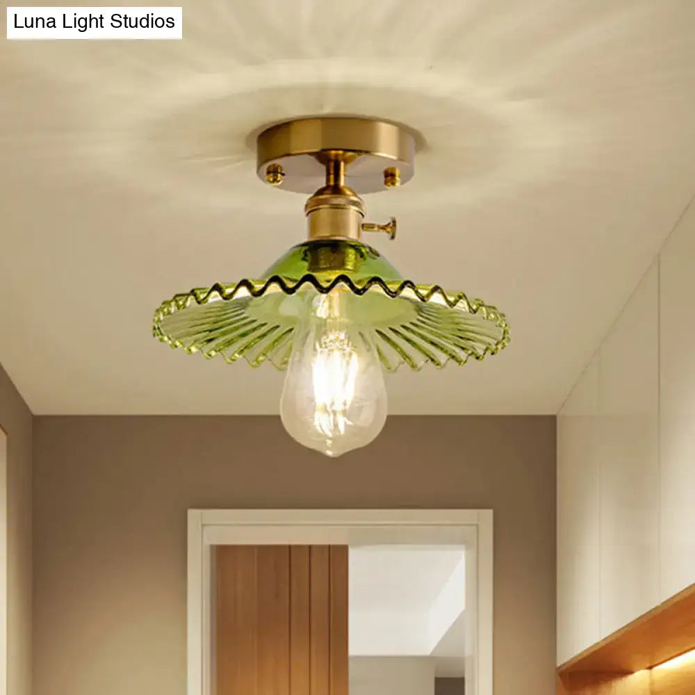 Industrial brass scalloped ribbed glass ceiling light bedroom flush mount