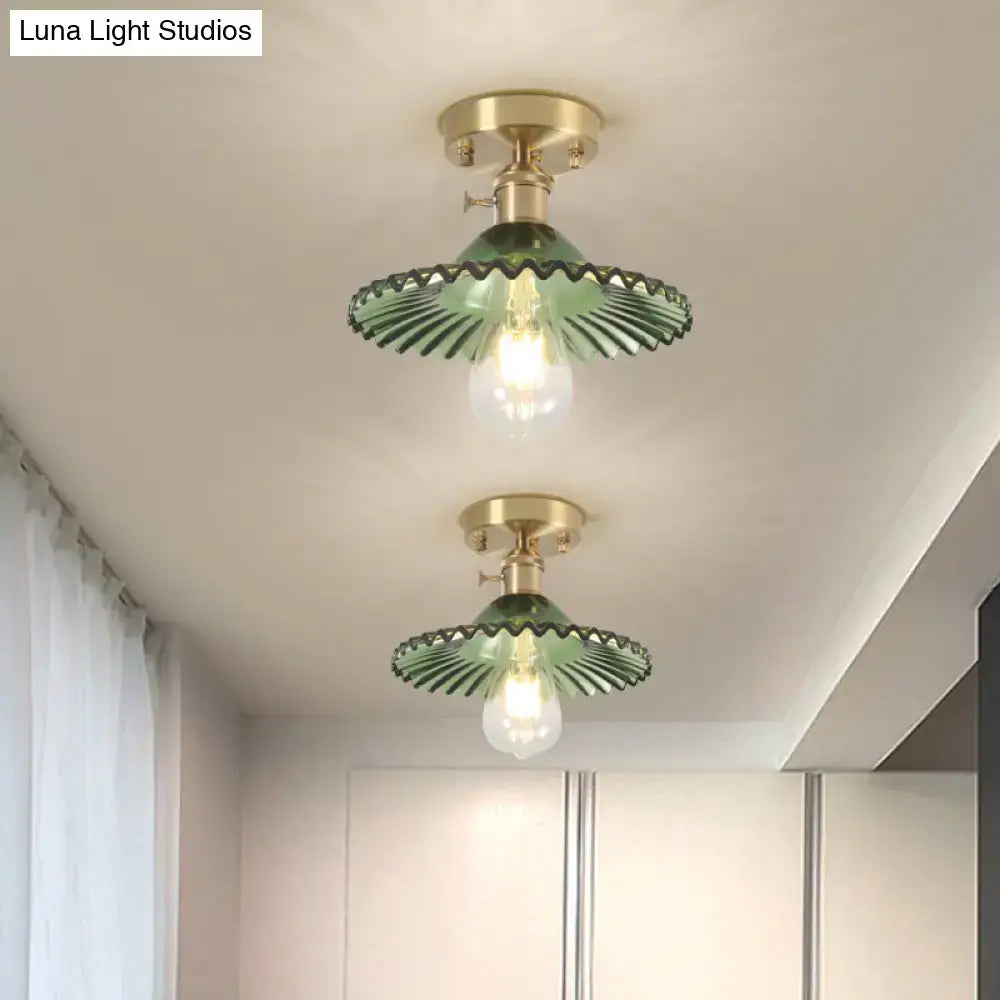 Industrial brass scalloped ribbed glass ceiling light bedroom flush mount