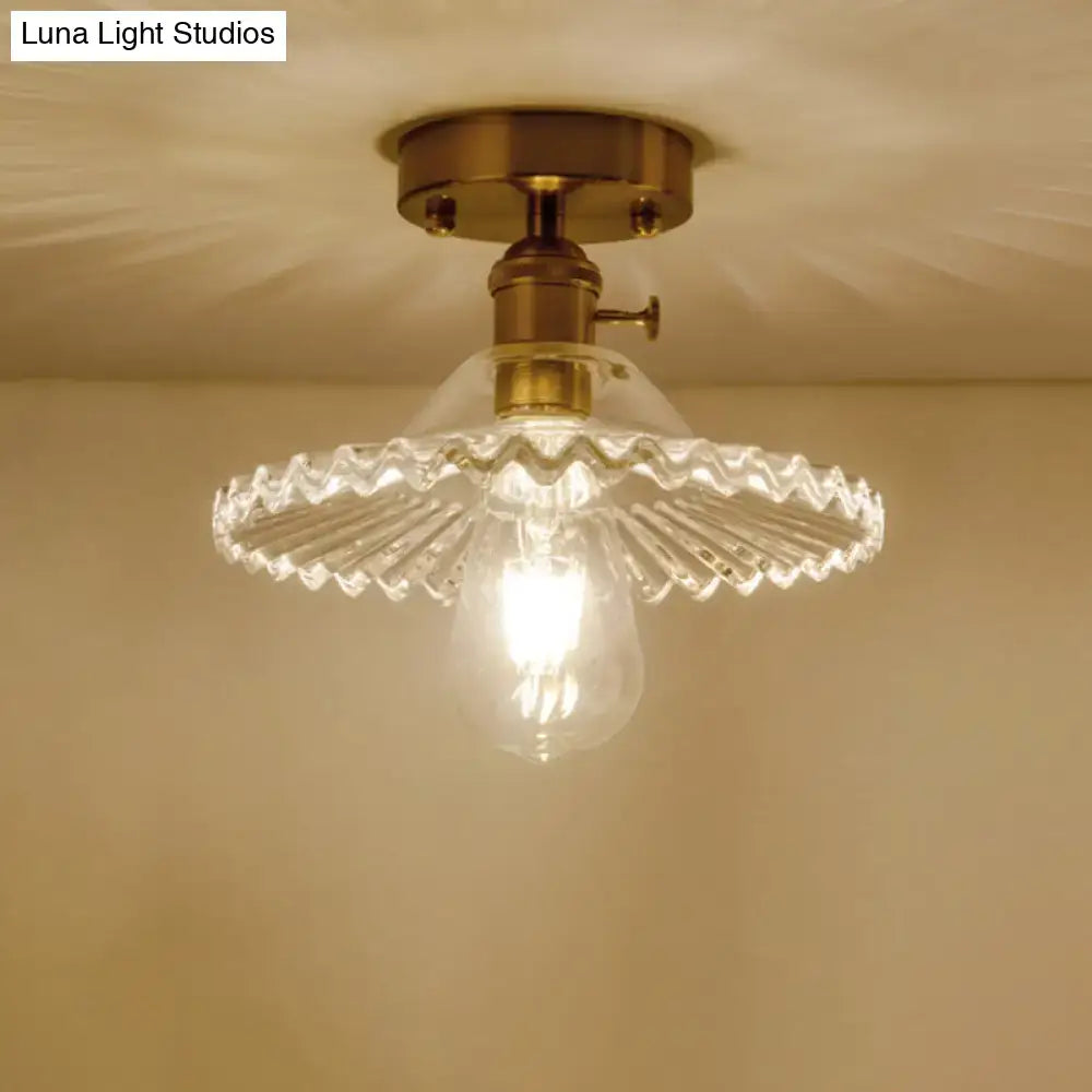 Industrial brass scalloped ribbed glass ceiling light bedroom flush mount