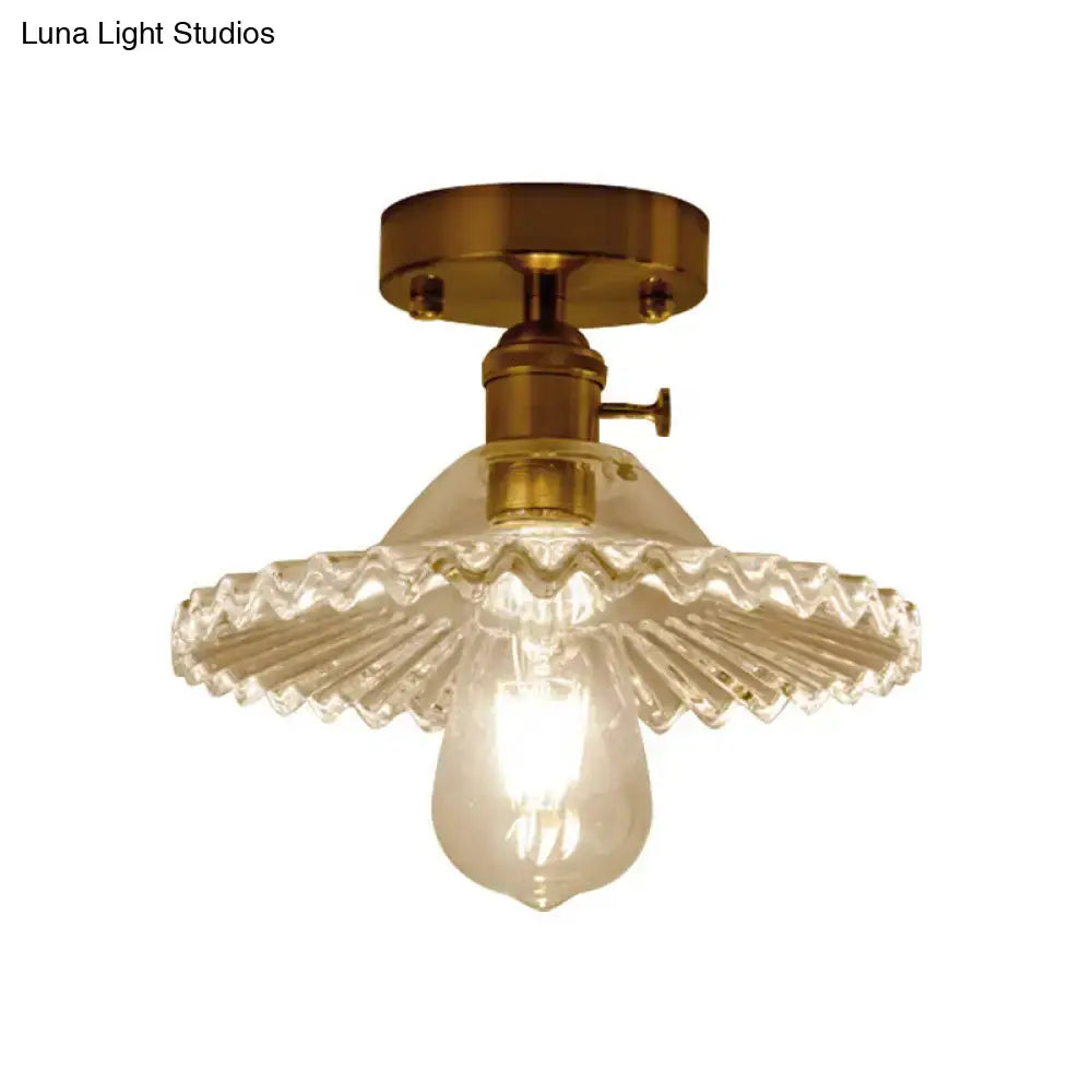 Industrial brass scalloped ribbed glass ceiling light bedroom flush mount