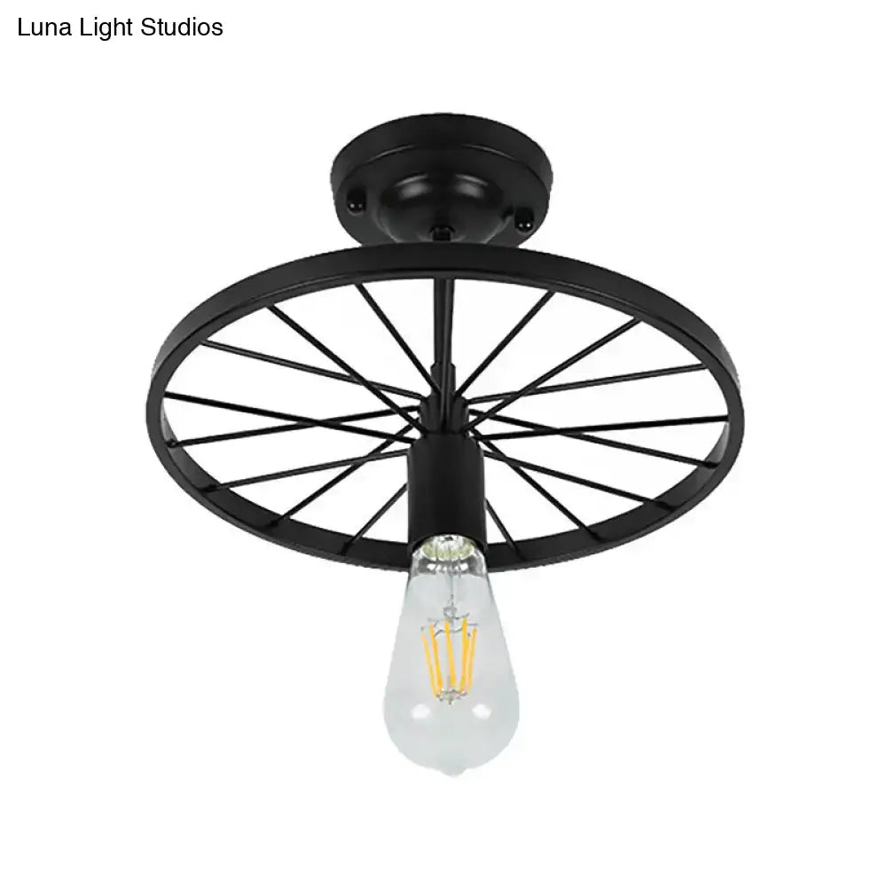 Industrial black bicycle wheel semi flush mount light dining room