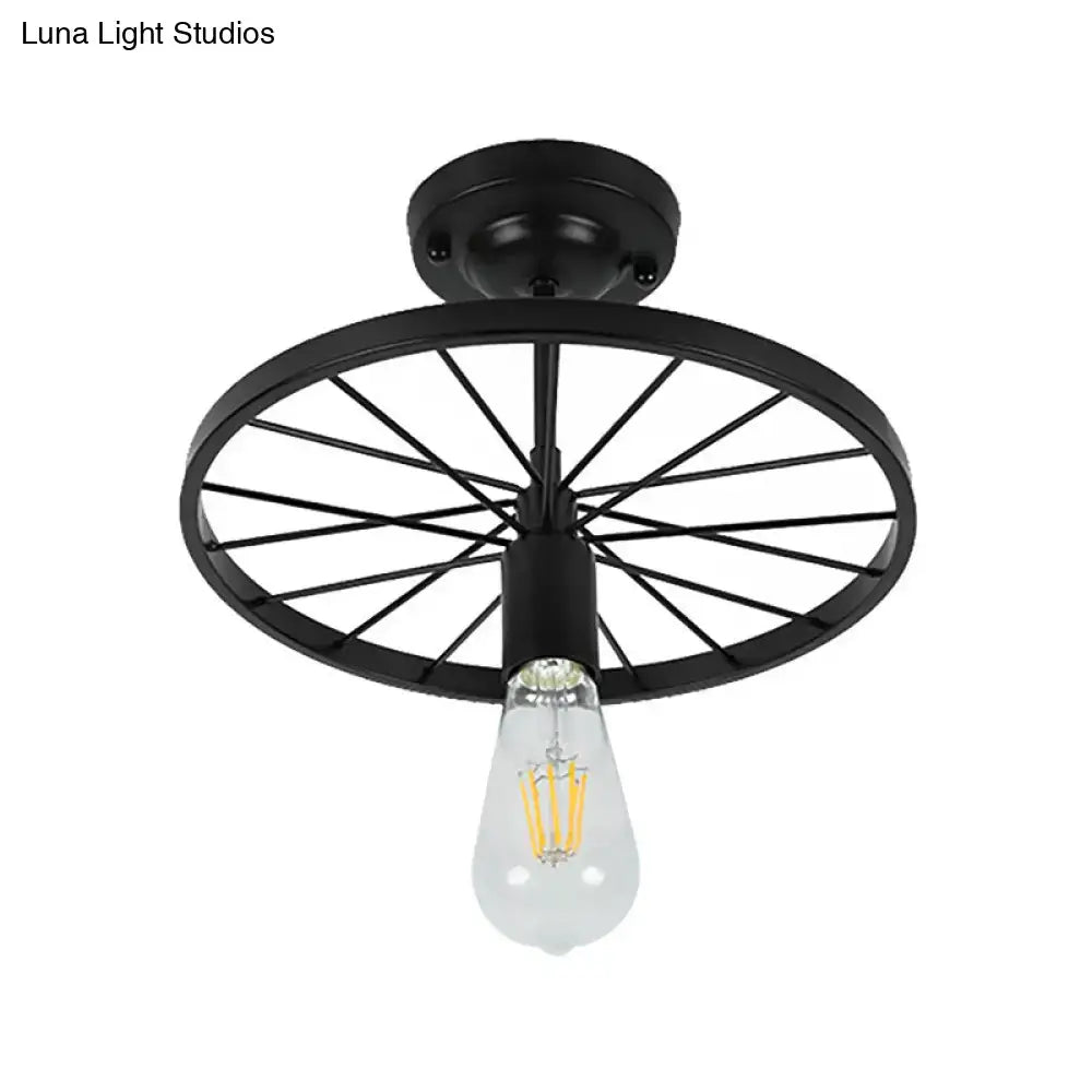 Industrial black bicycle wheel semi flush mount light dining room