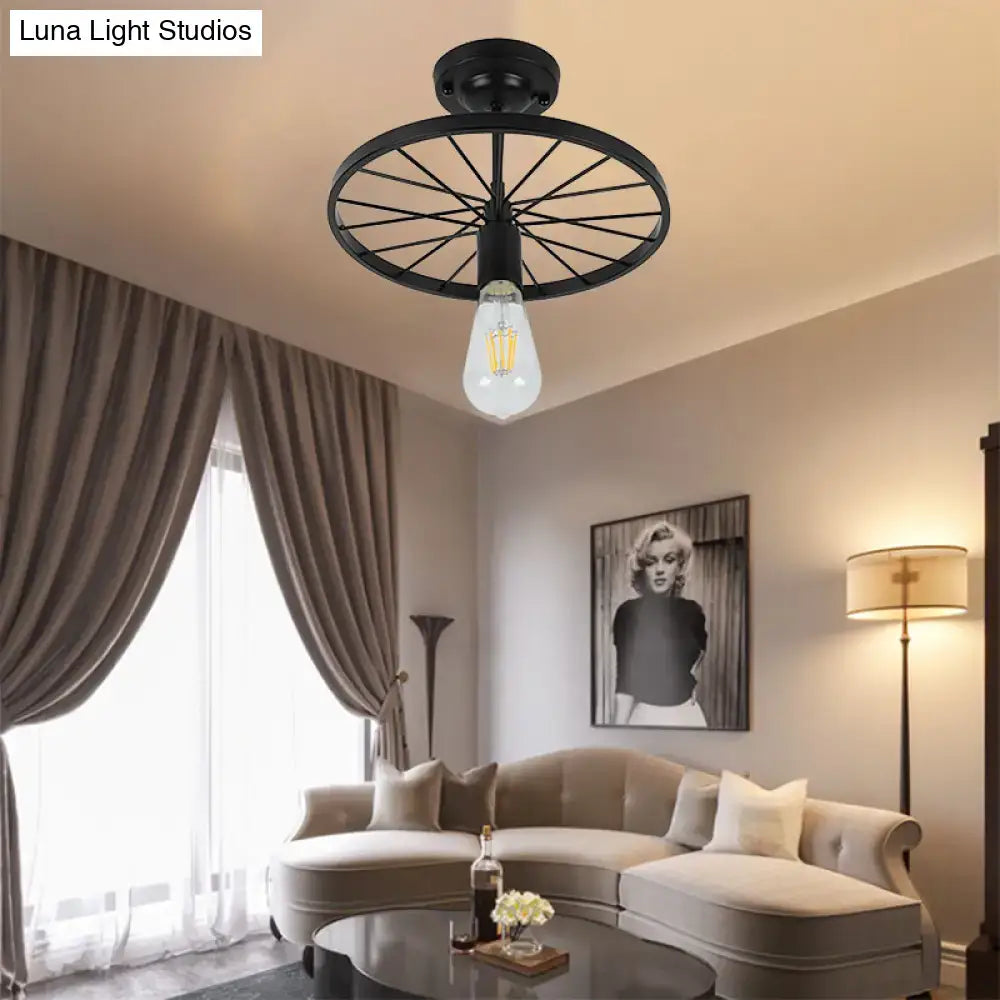 Industrial black bicycle wheel semi flush mount light dining room