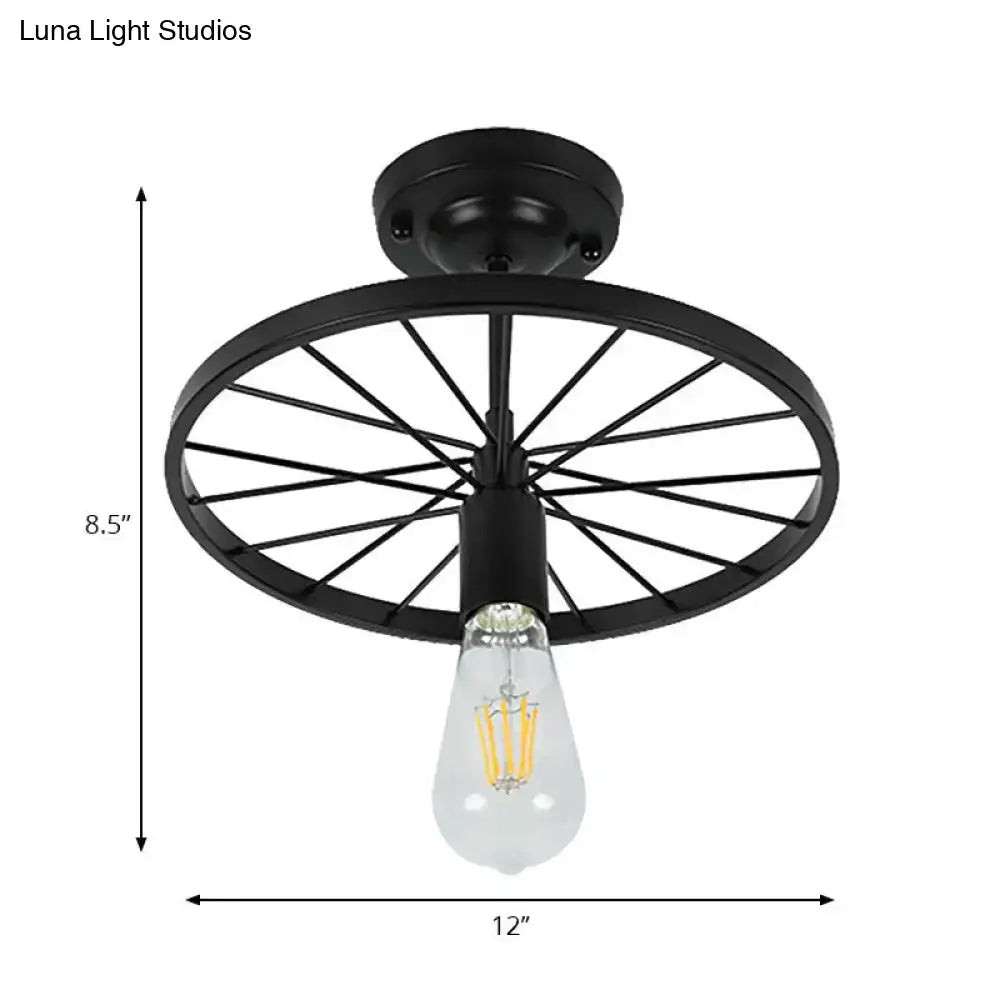 Industrial black bicycle wheel semi flush mount light dining room