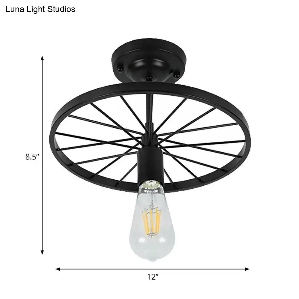Industrial black bicycle wheel semi flush mount light dining room