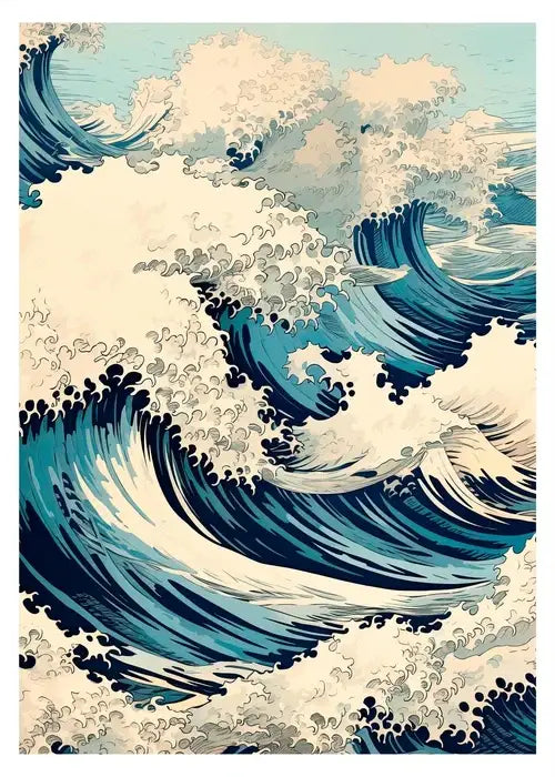 Japanese hokusai teal & white art poster print living room wall decor