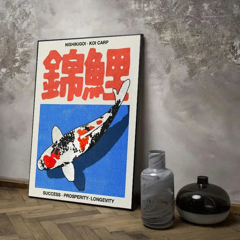 Abstract japanese koi cat wall art black & blue living room poster