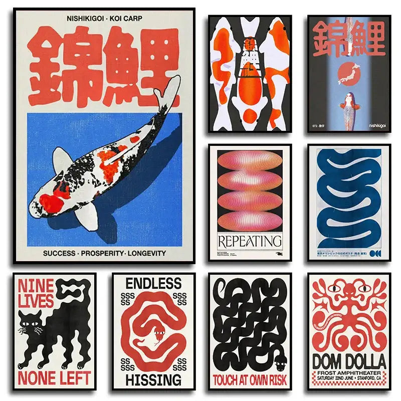 Abstract japanese koi cat wall art red & white living room poster
