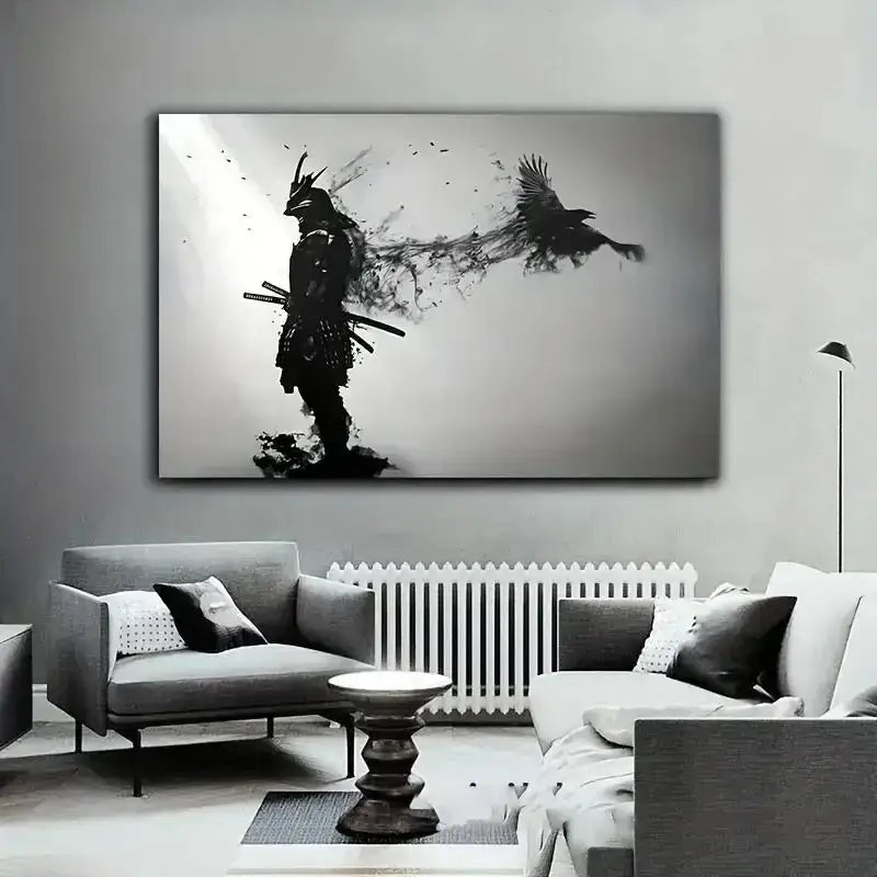 Japanese black samurai man ink wall art bedroom canvas decor