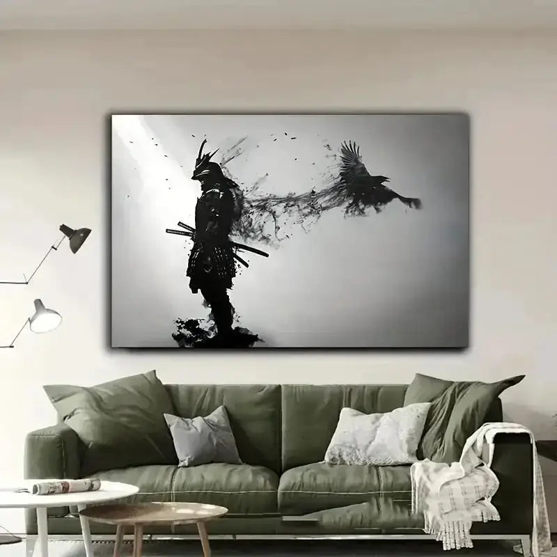 Japanese black samurai man ink wall art bedroom canvas decor