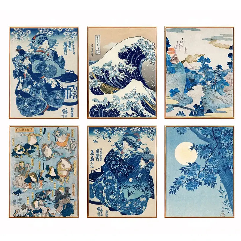 Katsushika hokusai blue waves framed wall art set living room decor
