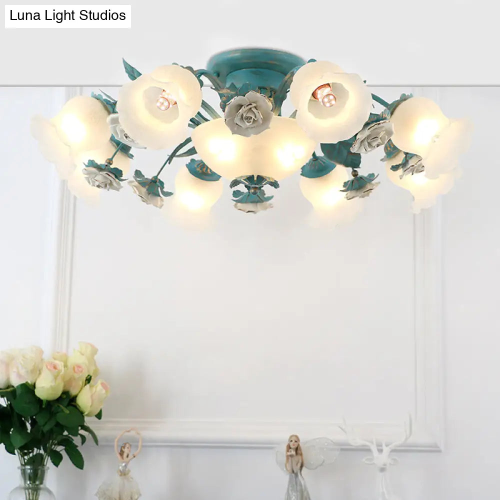 Korean garden flower teal frost glass ceiling light bedroom