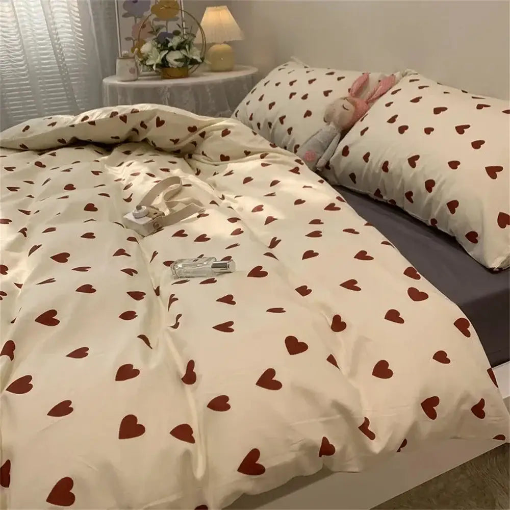 Korean style cream and red heart duvet cover bedroom bedding set