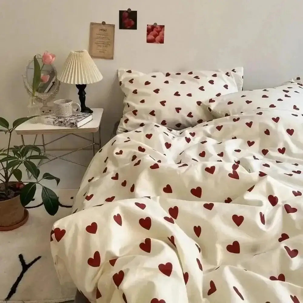 Korean style cream and red heart duvet cover bedroom bedding set