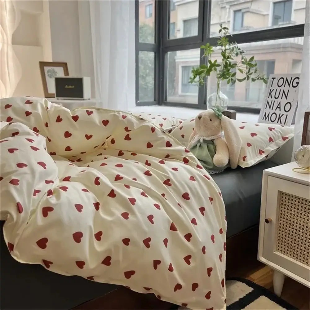 Korean style cream and red heart duvet cover bedroom bedding set