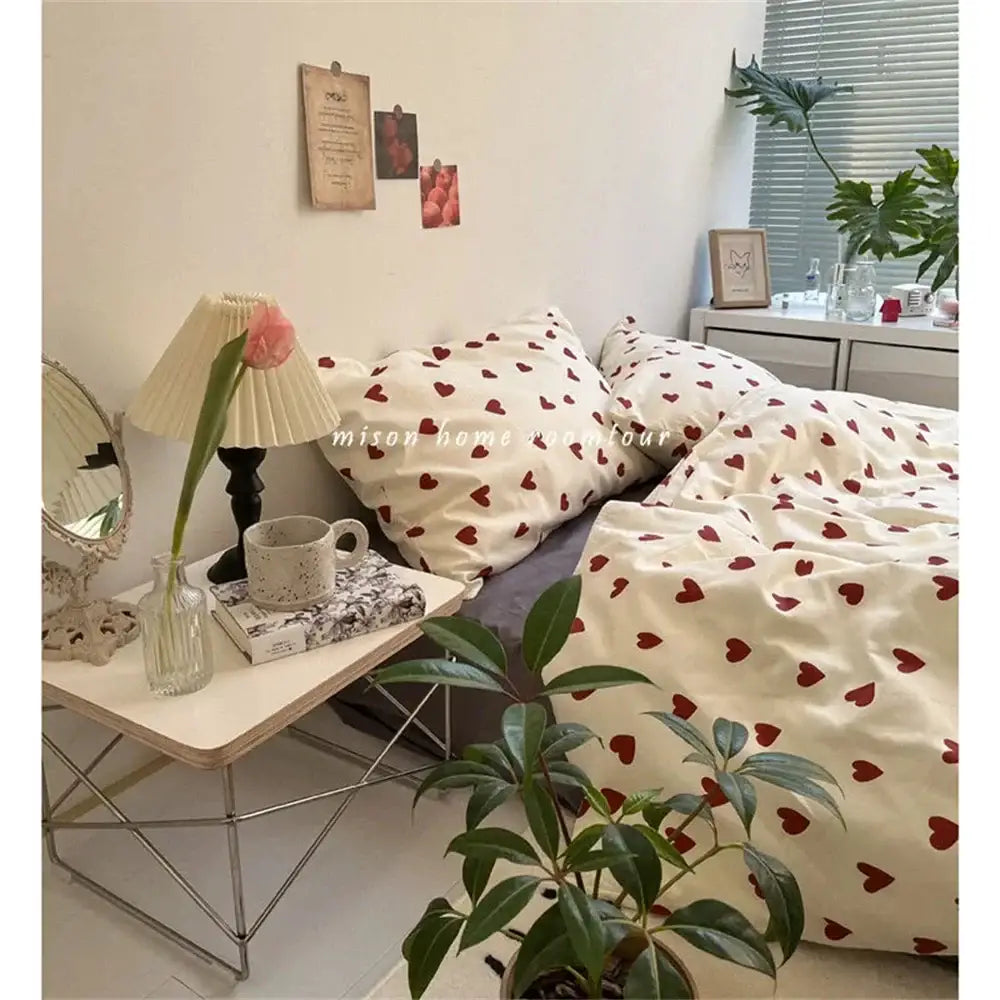 Korean style cream and red heart duvet cover bedroom bedding set