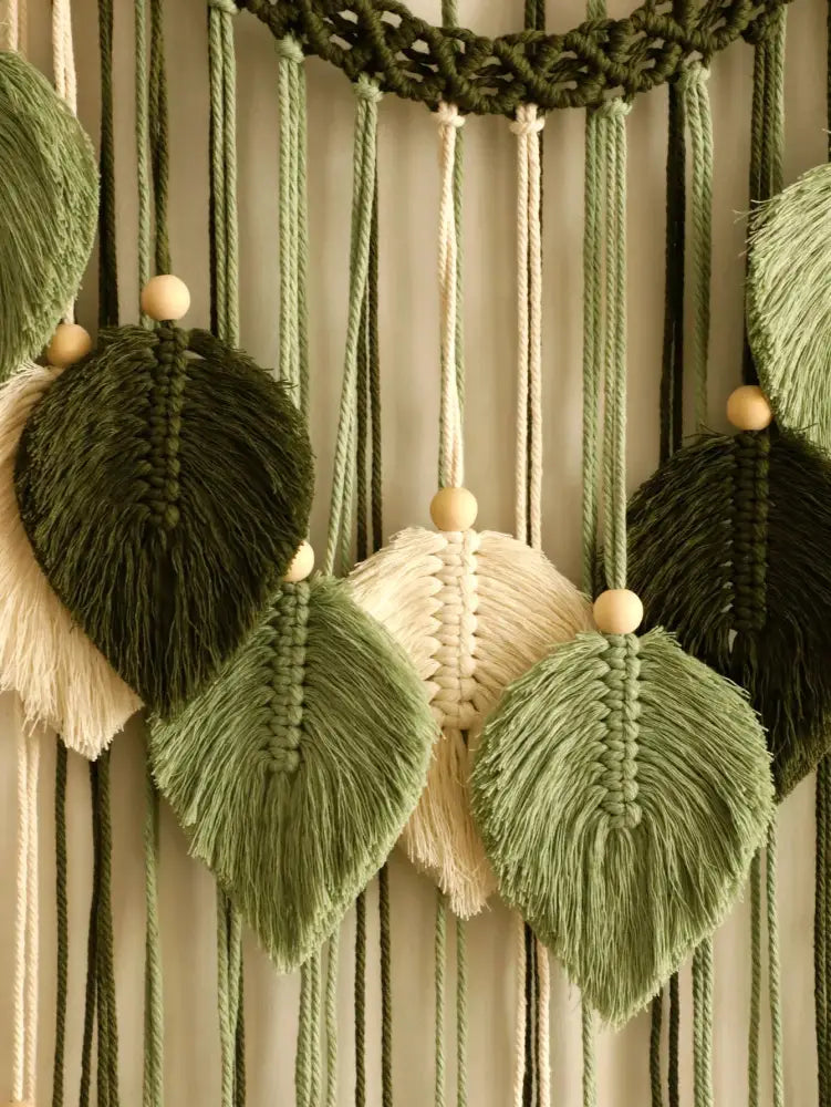 Boho green & beige macrame wall hanging living room leaf decor
