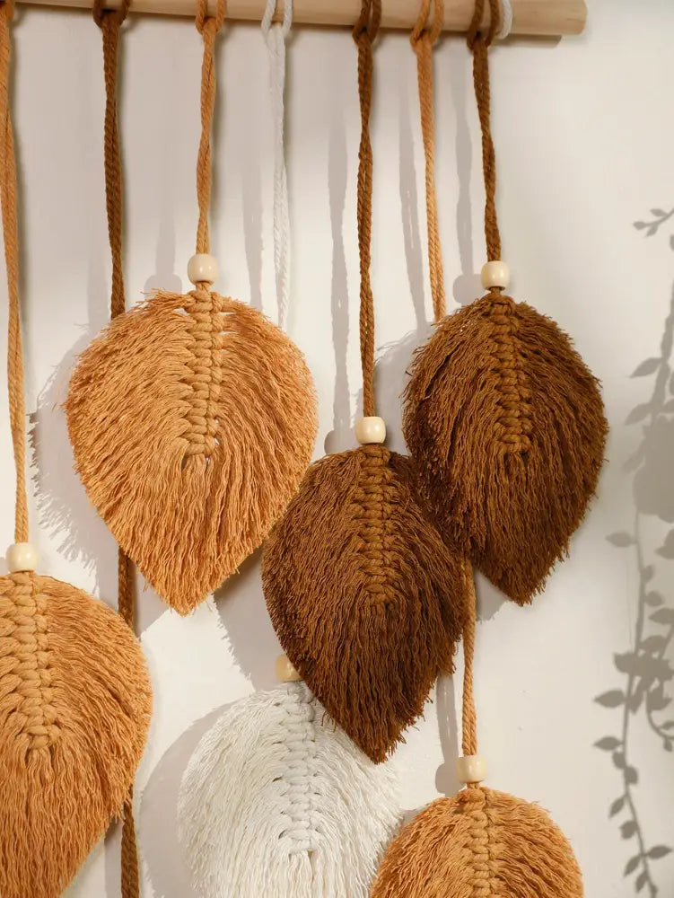 Boho green & beige macrame wall hanging living room leaf decor