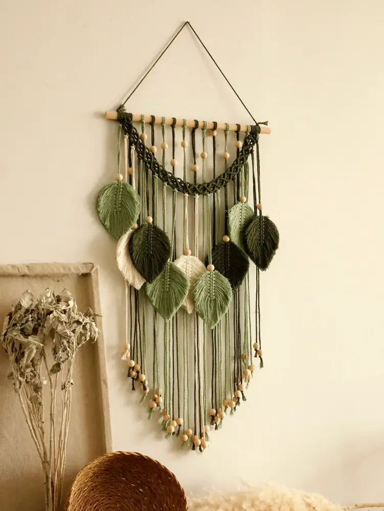 Boho green & beige macrame wall hanging living room leaf decor