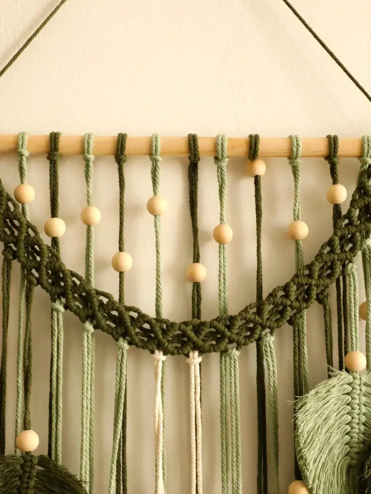 Boho green & beige macrame wall hanging living room leaf decor