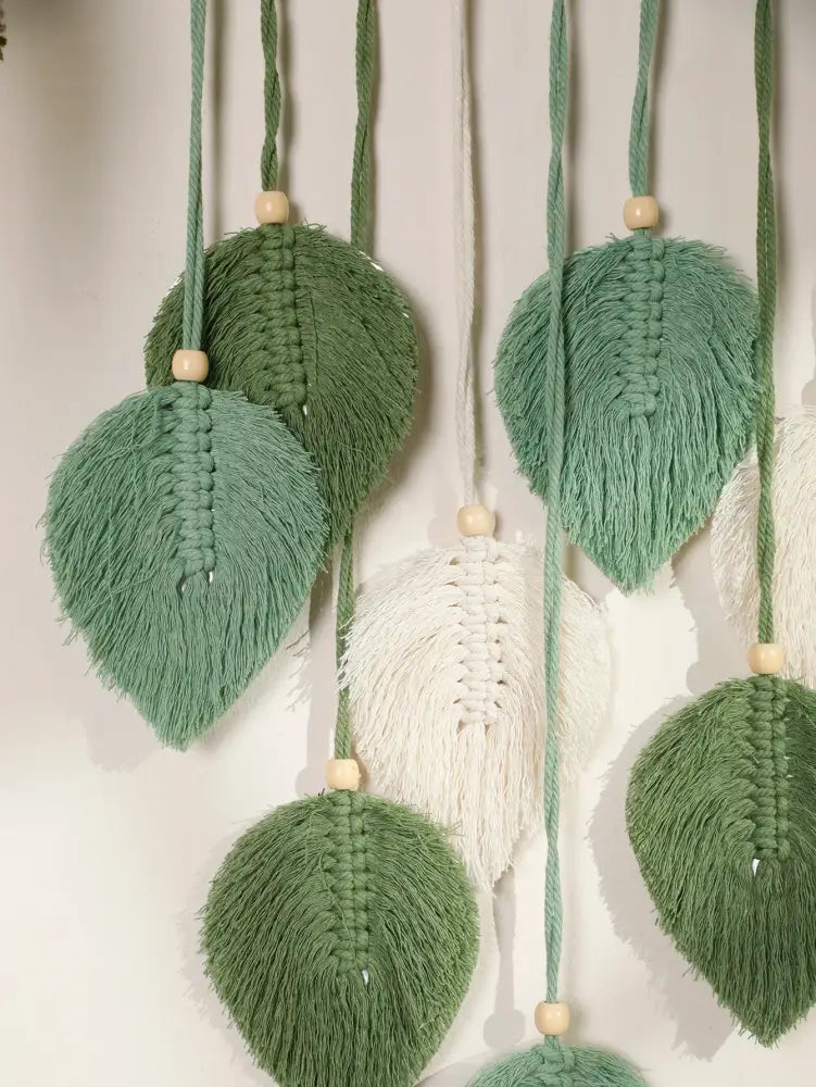 Boho green & beige macrame wall hanging living room leaf decor